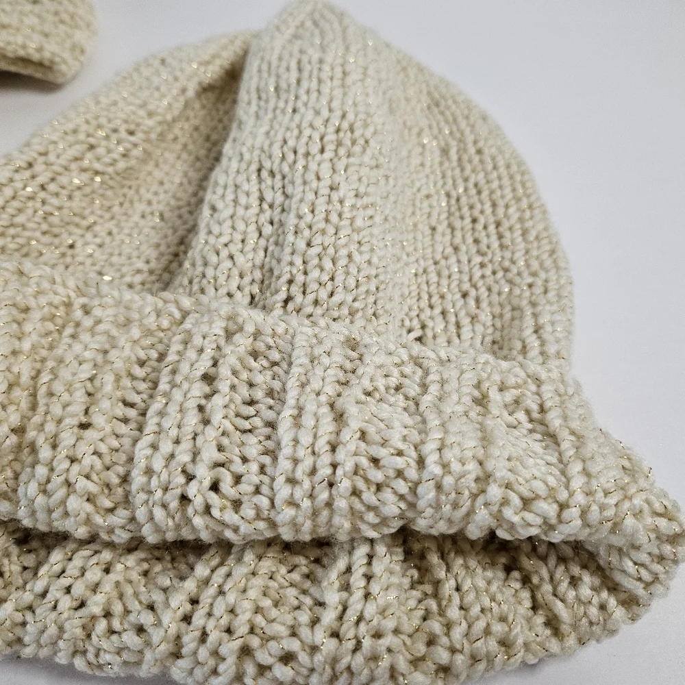 Cream Handmade Knit Scarf Hat Set With Gold Metallic Fibers Winter Cold Weather